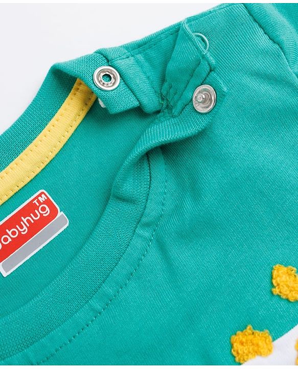 Babyhug Single Jersey Knit Half Sleeves Striped T-Shirt & Denim Shorts Set With Sun Embroidery - Green & Blue