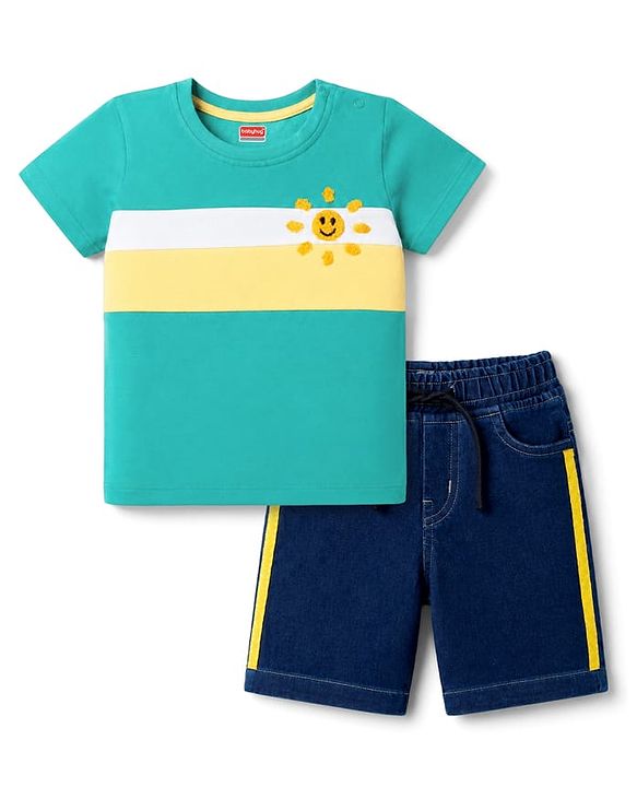 Babyhug Single Jersey Knit Half Sleeves Striped T-Shirt & Denim Shorts Set With Sun Embroidery - Green & Blue