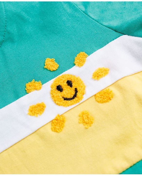 Babyhug Single Jersey Knit Half Sleeves Striped T-Shirt & Denim Shorts Set With Sun Embroidery - Green & Blue