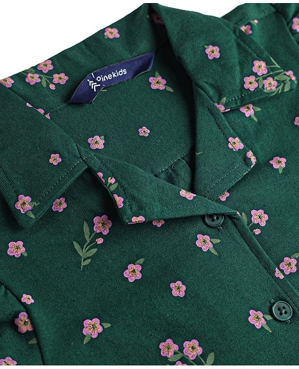 Pine Kids Cotton Knit Half Sleeves Top With Floral Print - Green