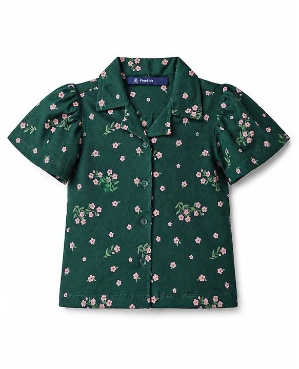 Pine Kids Cotton Knit Half Sleeves Top With Floral Print - Green