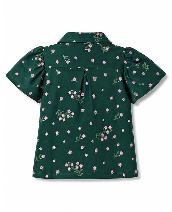 Pine Kids Cotton Knit Half Sleeves Top With Floral Print - Green