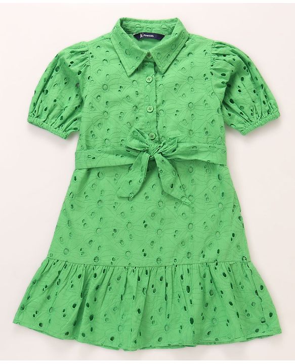 Pine Kids Cotton Woven One Piece Dress with Puffed Sleeves and Collar Neck Green 4-5 Years