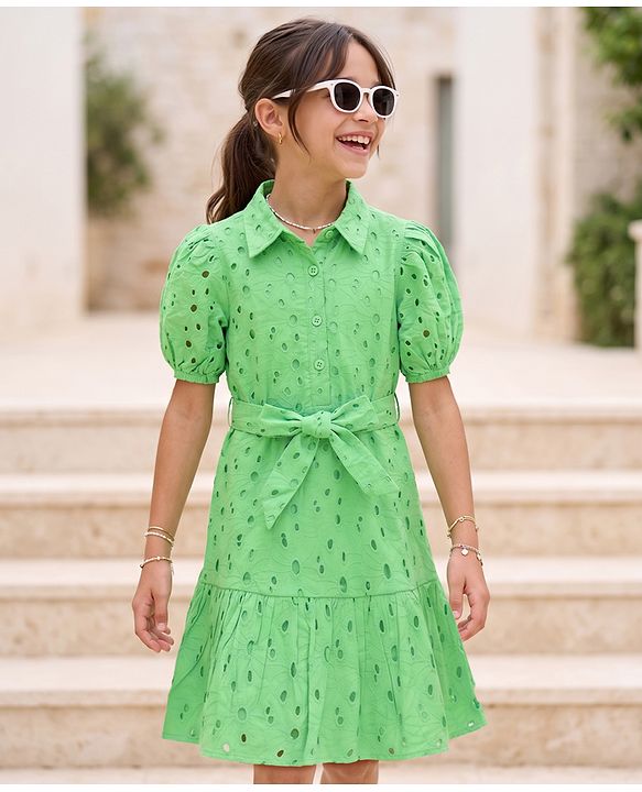 Pine Kids Cotton Woven One Piece Dress with Puffed Sleeves and Collar Neck Green 4-5 Years