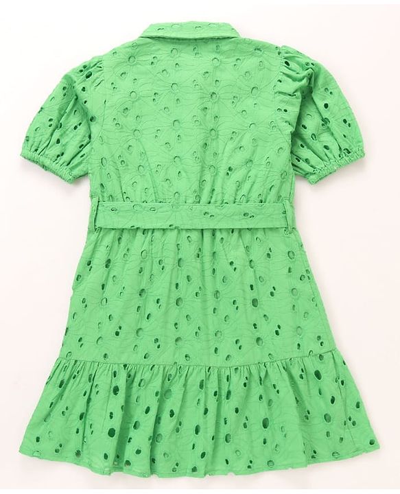 Pine Kids Cotton Woven One Piece Dress with Puffed Sleeves and Collar Neck Green 4-5 Years