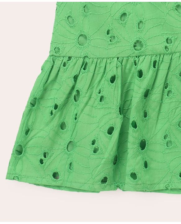 Pine Kids Cotton Woven One Piece Dress with Puffed Sleeves and Collar Neck Green 4-5 Years