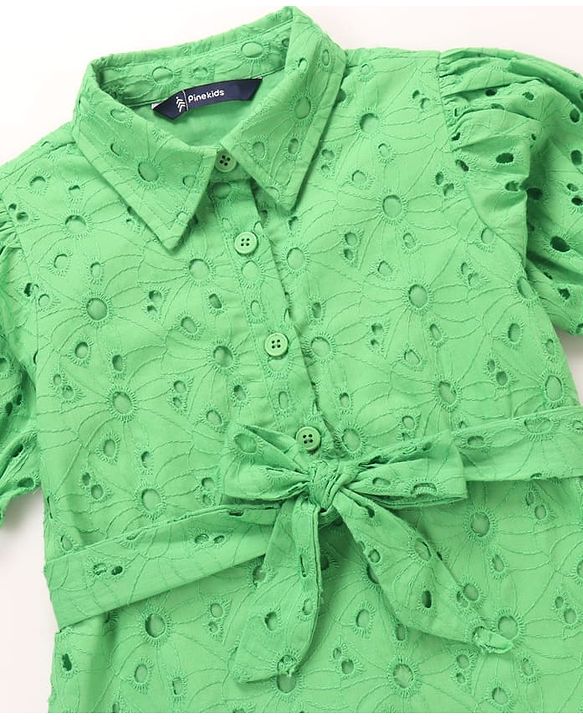 Pine Kids Cotton Woven One Piece Dress with Puffed Sleeves and Collar Neck Green 4-5 Years