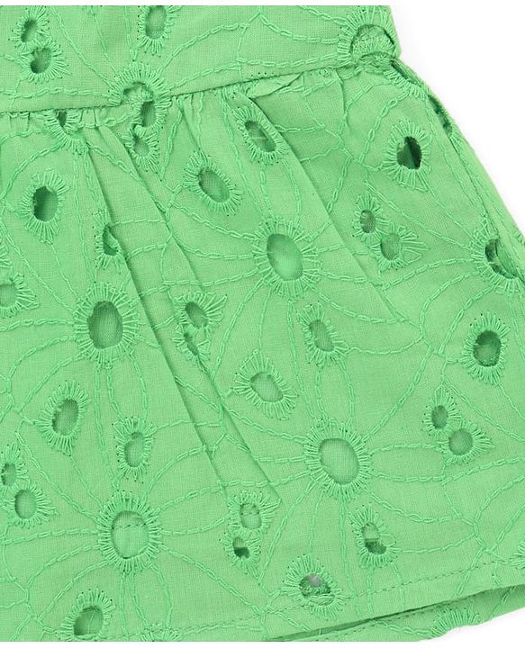 Pine Kids Cotton Woven One Piece Dress with Puffed Sleeves and Collar Neck Green 4-5 Years