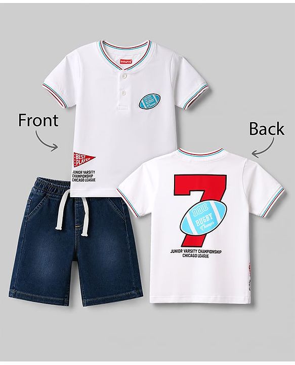 Babyhug Single Jersey Knit Half Sleeves T-Shirt & Denim Shorts Set With Ball Print - White & Blue