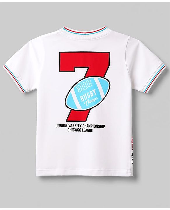 Babyhug Single Jersey Knit Half Sleeves T-Shirt & Denim Shorts Set With Ball Print - White & Blue