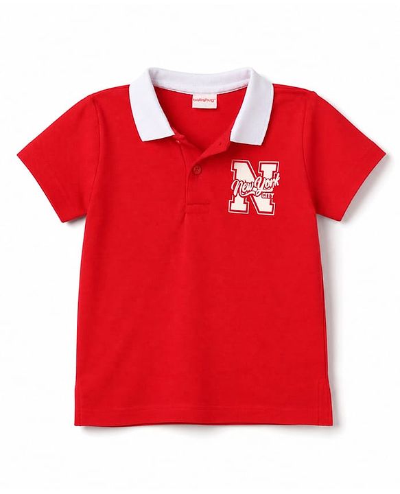 Babyhug 100% Cotton Knit Half Sleeves Text Printed Polo T-Shirt & Denim Shorts Set - Red & Blue