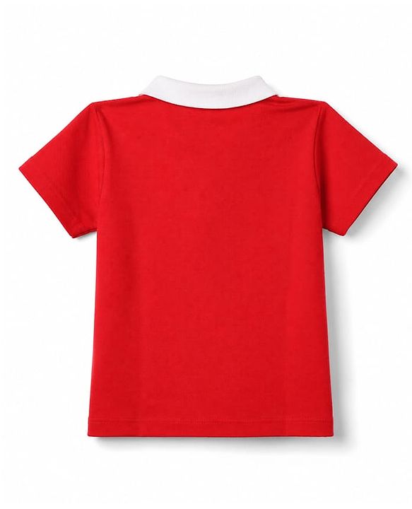 Babyhug 100% Cotton Knit Half Sleeves Text Printed Polo T-Shirt & Denim Shorts Set - Red & Blue