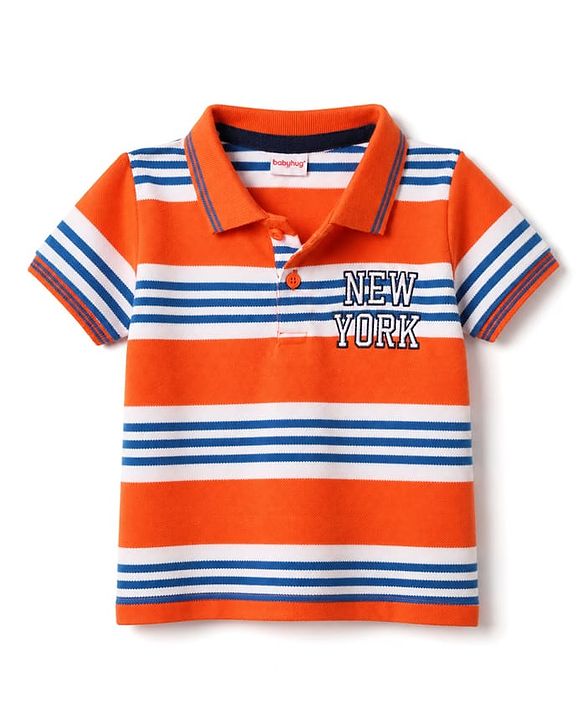 Babyhug Single Jersey Knit Half Sleeves Striped Polo T-Shirt & Denim Shorts With Text Embroidery Detailing - Multicolor
