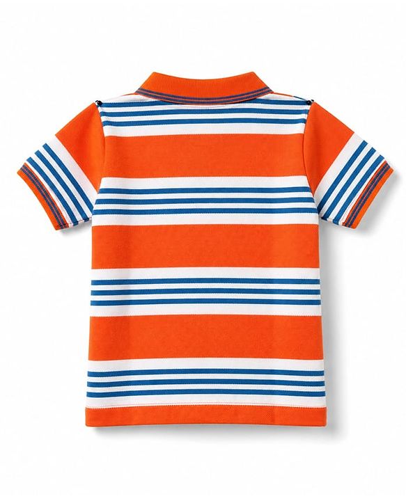 Babyhug Single Jersey Knit Half Sleeves Striped Polo T-Shirt & Denim Shorts With Text Embroidery Detailing - Multicolor