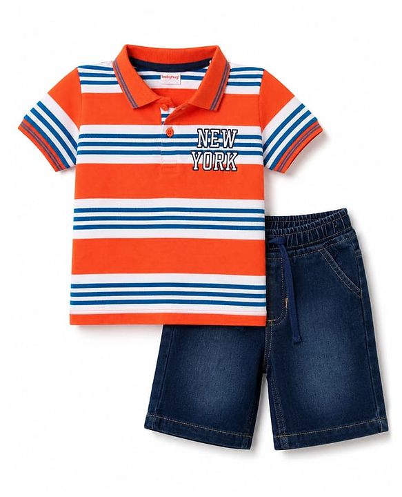 Babyhug Single Jersey Knit Half Sleeves Striped Polo T-Shirt & Denim Shorts With Text Embroidery Detailing - Multicolor