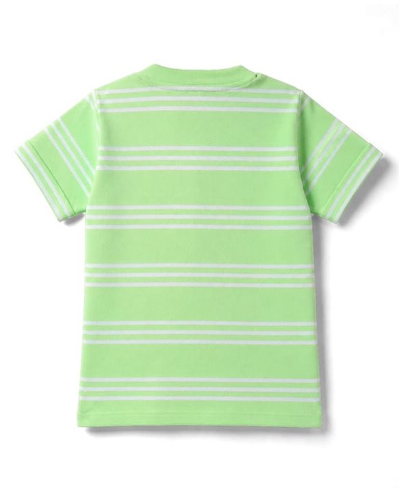 Babyhug Single Jersey Knit Half Sleeves Henley Neck Striped T-Shirt & Denim Shorts Set With Tree Print - Green & Blue