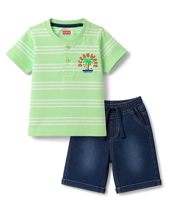 Babyhug Single Jersey Knit Half Sleeves Henley Neck Striped T-Shirt & Denim Shorts Set With Tree Print - Green & Blue