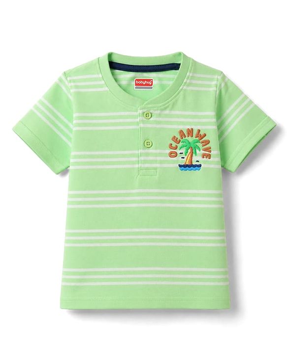 Babyhug Single Jersey Knit Half Sleeves Henley Neck Striped T-Shirt & Denim Shorts Set With Tree Print - Green & Blue