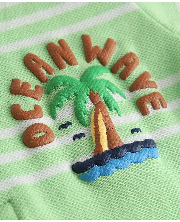 Babyhug Single Jersey Knit Half Sleeves Henley Neck Striped T-Shirt & Denim Shorts Set With Tree Print - Green & Blue