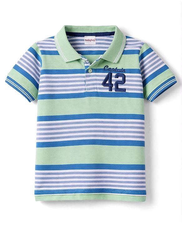 Babyhug Single Jersey Knit Half Sleeves Striped Polo T-Shirt & Shorts Set with Number Embroidery - Multicolor