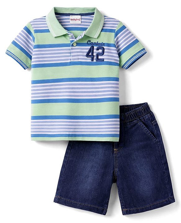 Babyhug Single Jersey Knit Half Sleeves Striped Polo T-Shirt & Shorts Set with Number Embroidery - Multicolor