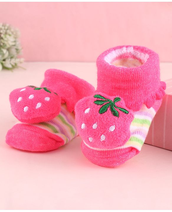 Cute Walk by Babyhug Fabric Socks With Large Strawberry Applique - Dark Pink