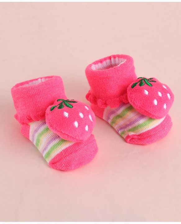 Cute Walk by Babyhug Fabric Socks With Large Strawberry Applique - Dark Pink