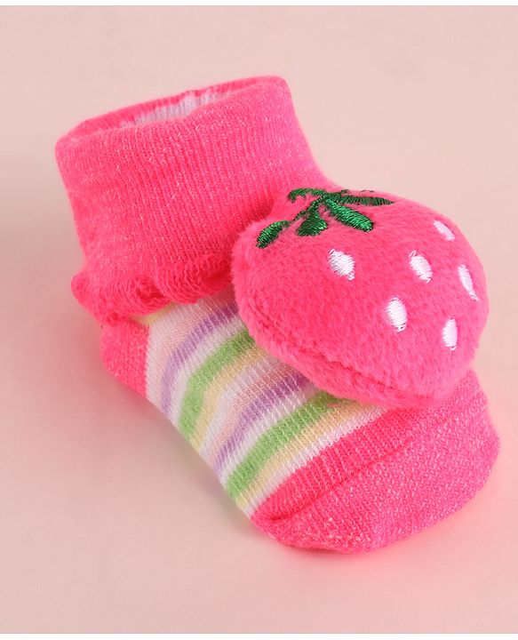 Cute Walk by Babyhug Fabric Socks With Large Strawberry Applique - Dark Pink