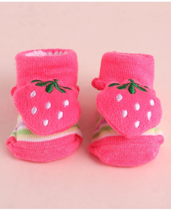 Cute Walk by Babyhug Fabric Socks With Large Strawberry Applique - Dark Pink