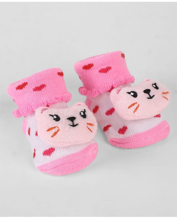 Cute Walk by Babyhug Sock Shoes with Kitty Applique & Heart Design - Pink