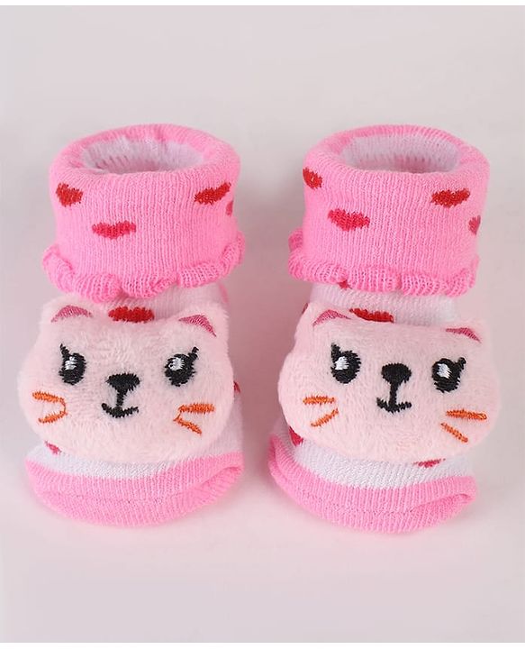 Cute Walk by Babyhug Sock Shoes with Kitty Applique & Heart Design - Pink