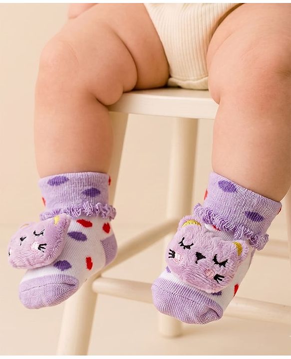 Cute Walk by Babyhug Sock Shoes with Kitty Applique & Polka Dot Design - Purple