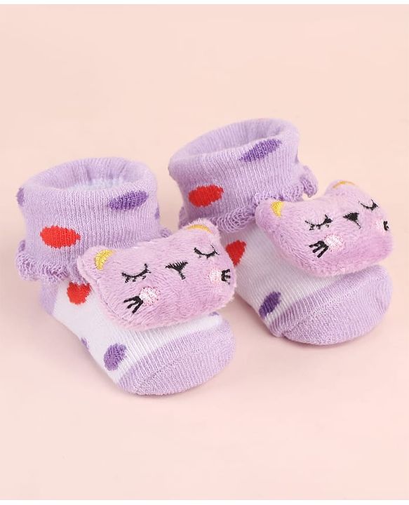 Cute Walk by Babyhug Sock Shoes with Kitty Applique & Polka Dot Design - Purple