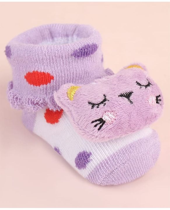 Cute Walk by Babyhug Sock Shoes with Kitty Applique & Polka Dot Design - Purple