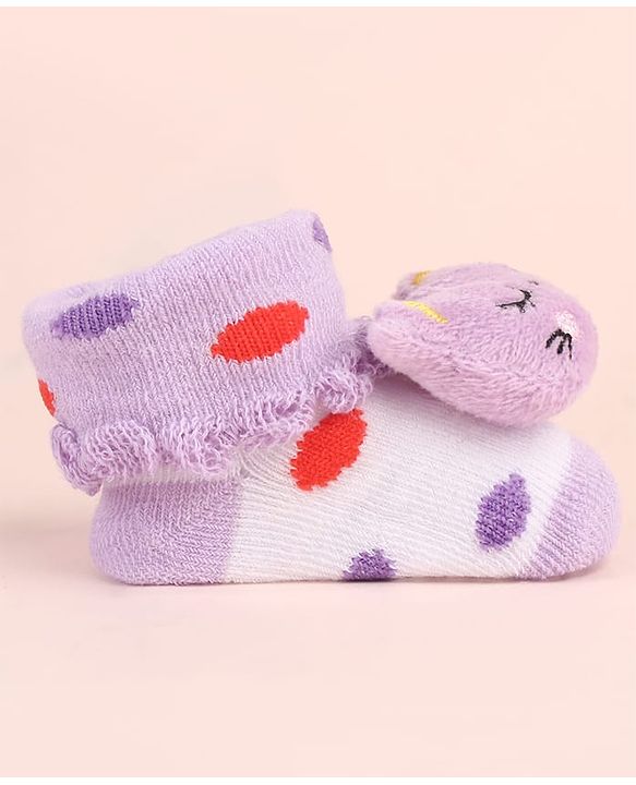 Cute Walk by Babyhug Sock Shoes with Kitty Applique & Polka Dot Design - Purple