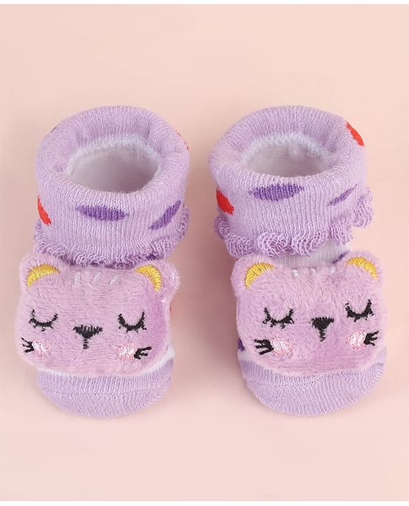 Cute Walk by Babyhug Sock Shoes with Kitty Applique & Polka Dot Design - Purple