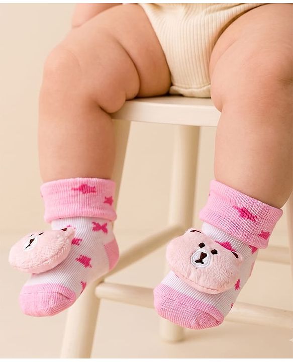 Cute Walk by Babyhug Sock Shoes with Bear Applique & Star Design - Pink