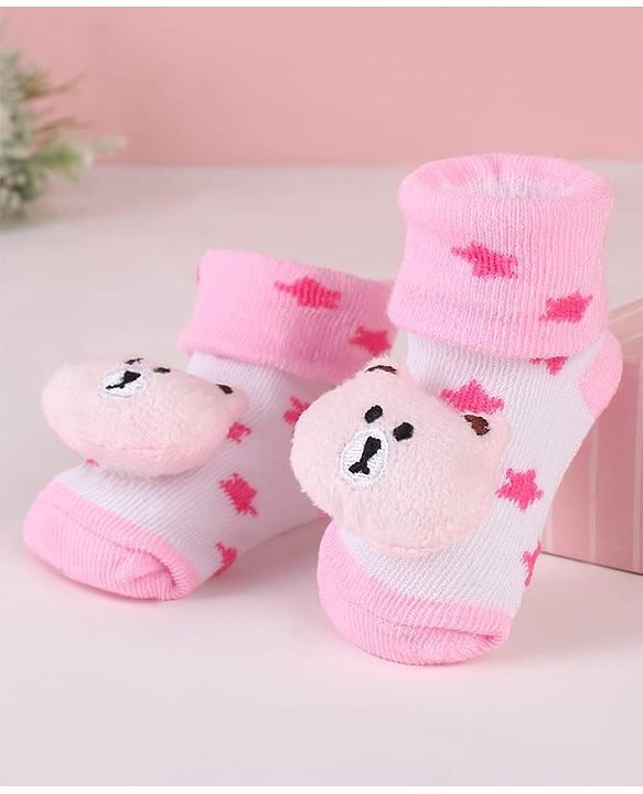 Cute Walk by Babyhug Sock Shoes with Bear Applique & Star Design - Pink