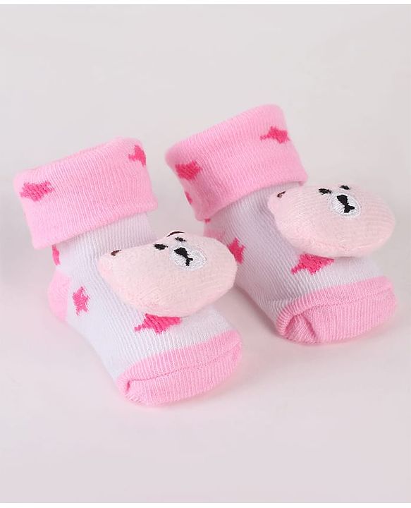 Cute Walk by Babyhug Sock Shoes with Bear Applique & Star Design - Pink