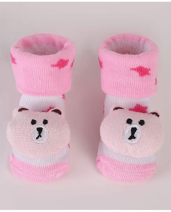 Cute Walk by Babyhug Sock Shoes with Bear Applique & Star Design - Pink