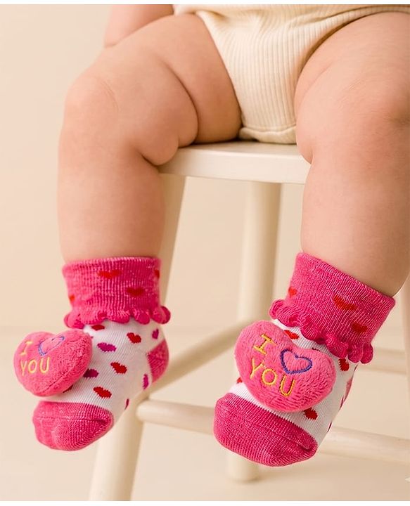 Cute Walk by Babyhug Sock Shoes with Heart Applique & Design - Dark Pink