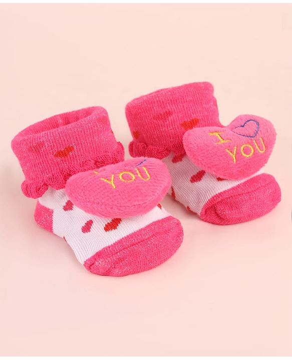 Cute Walk by Babyhug Sock Shoes with Heart Applique & Design - Dark Pink