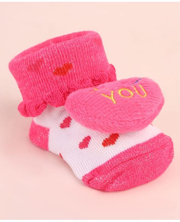 Cute Walk by Babyhug Sock Shoes with Heart Applique & Design - Dark Pink