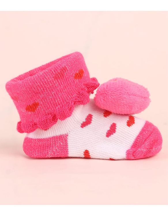 Cute Walk by Babyhug Sock Shoes with Heart Applique & Design - Dark Pink