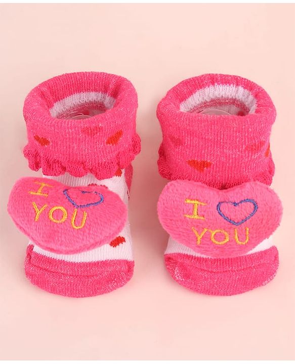 Cute Walk by Babyhug Sock Shoes with Heart Applique & Design - Dark Pink