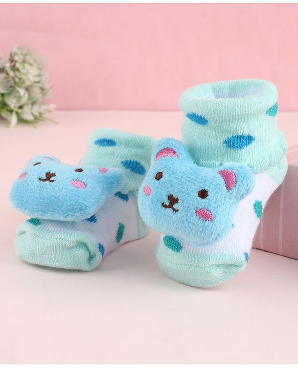 Cute Walk by Babyhug Fabric Socks Shoes With Large Teddy Bear Applique - Light Green