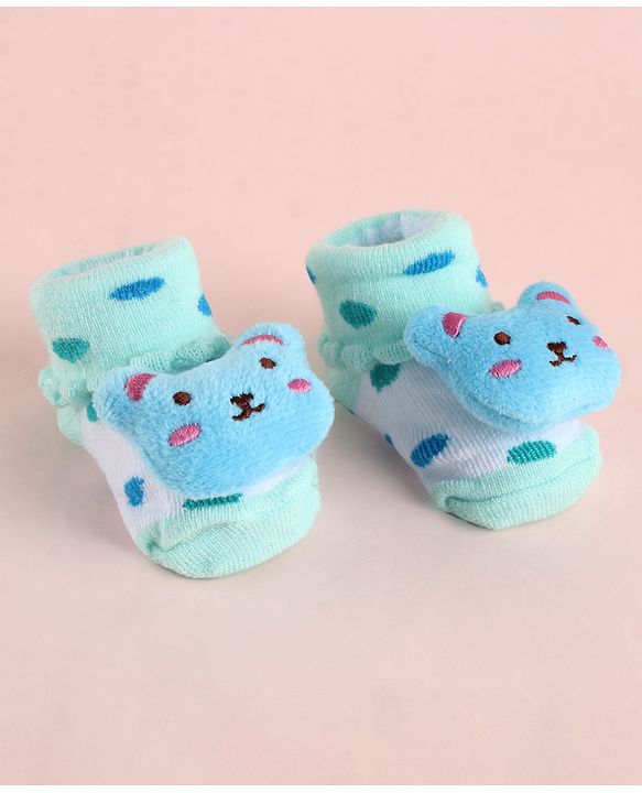 Cute Walk by Babyhug Fabric Socks Shoes With Large Teddy Bear Applique - Light Green
