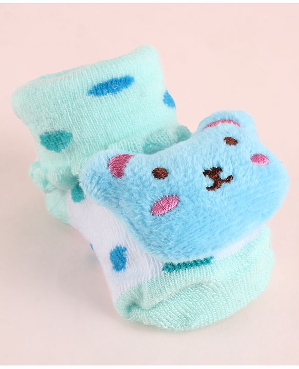 Cute Walk by Babyhug Fabric Socks Shoes With Large Teddy Bear Applique - Light Green