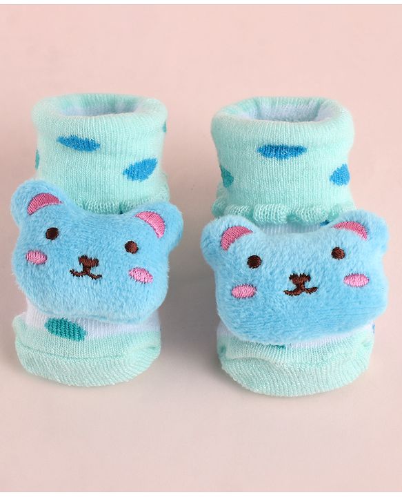 Cute Walk by Babyhug Fabric Socks Shoes With Large Teddy Bear Applique - Light Green
