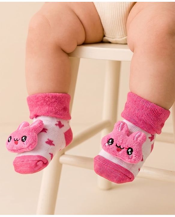 Cute Walk by Babyhug Socks Shoes With Star Design & Bunny Applique - Pink